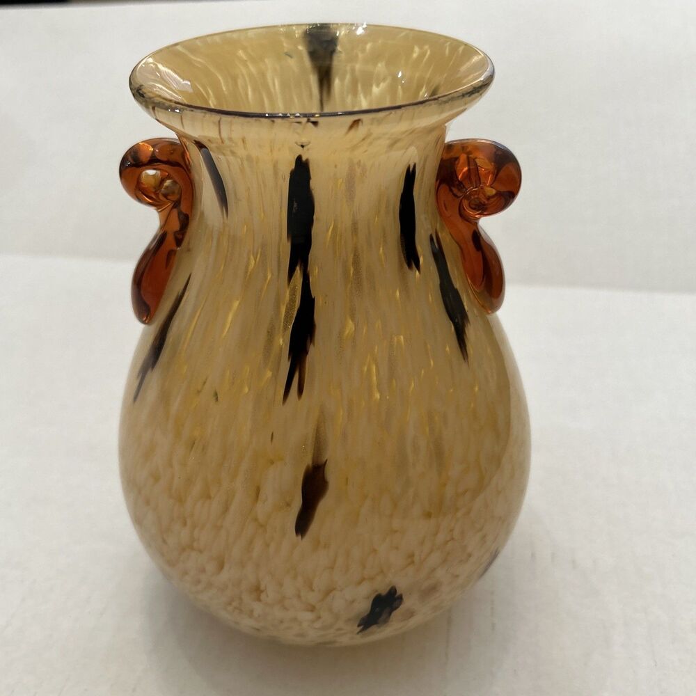 Art Glass Confetti Vase Honey Brown Amber Handle Gold Shimmer